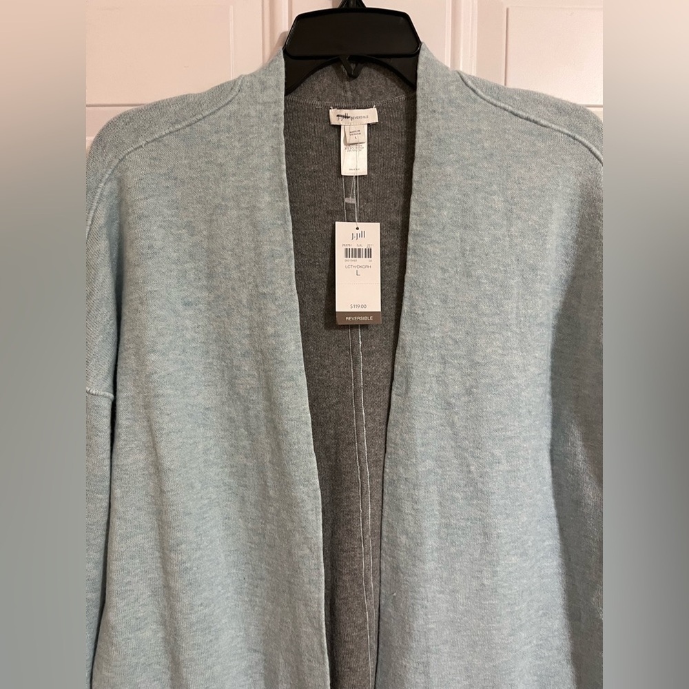 NWT J Jill Reversible Sweater L Petite Cardigan Open Front Gray Blue Long Sleeve - Picture 3 of 7